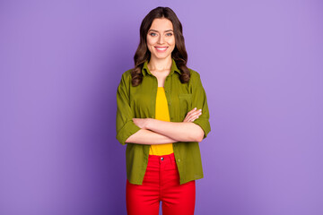 Portrait of attractive pretty charming manager girl cross hands ready decide chose decision choice solution wear good look clothes isolated over violet vivid color background