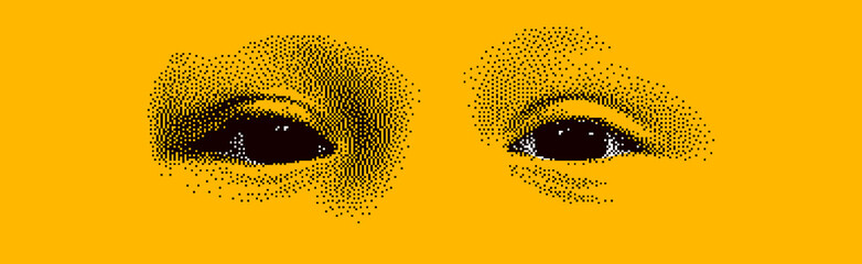 Looking eyes 8 bit dotted design style vector abstraction, human face stylized design element, black and yellow colors.