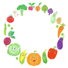 Sticker - A set of funny vegetables arranged in circle. In cartoon style. Isolated on white background. Place for your text. Vector flat illustration