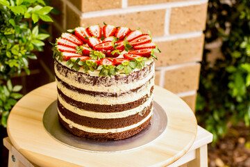 Delicious handmade double barrel tall layered cake decorated with strawberries on a cake stand