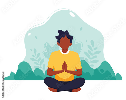 Black man meditating on nature background. Concept illustration for healthy lifestyle, yoga, meditation, relax, recreation. Vector illustration in flat style.