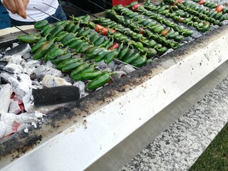 barbecue adana kebab, pepper, tomato and onions