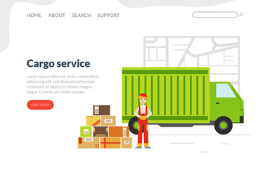 Poster - Cargo Service Landing Page Template, Delivery Truck with Cardboard Boxes and Male Courier, Fast Delivery Service Concept Flat Vector Illustration