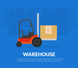 Sticker - Warehouse Banner Template with Forklift Truck, Storage, Transportation and Cargo Services and Flat Vector Illustration