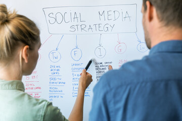 social media and influencer marketing concept - people discussing strategy plan on whiteboard in off
