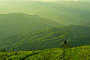 Wall Mural - sunset and mountains interspersed with green grass