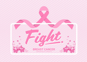 Wall Mural - Fight breast cancer awareness month banner with pink ribbon around white frame and butterfly on soft pink stripes texture background vector design