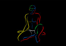 Sexy Young Naked Man, Erotic Posing With White Pants. Colored Lines Artwork, Outline Vector Illustration On Black Background, Modern Gay Comic Style.
