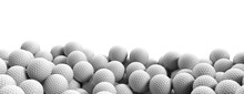White Golf Balls On White Background, Banner, Close Up View, 3d Illustration