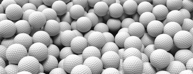 Wall Mural - White golf balls background, banner, close up view, 3d illustration