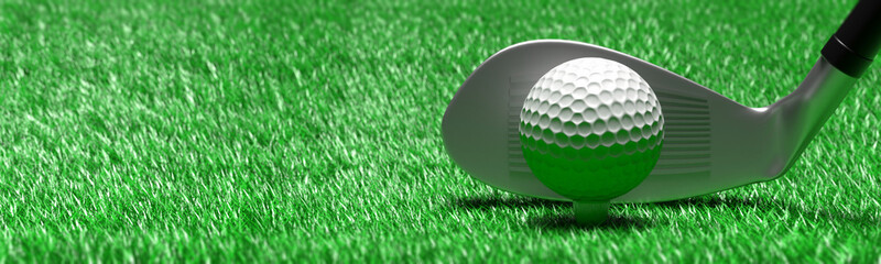 Wall Mural - White golf ball on green grass golf course, close up view. 3d illustration