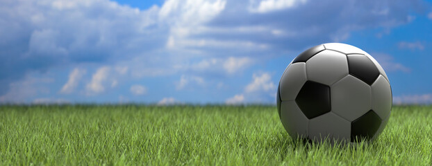 Soccer ball, football close up view, green grass field, blue sky background. 3d illustration