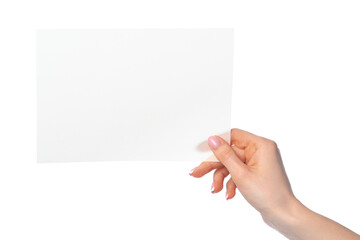 Poster - Woman's hand holding blank white sheet of paper isolated on white