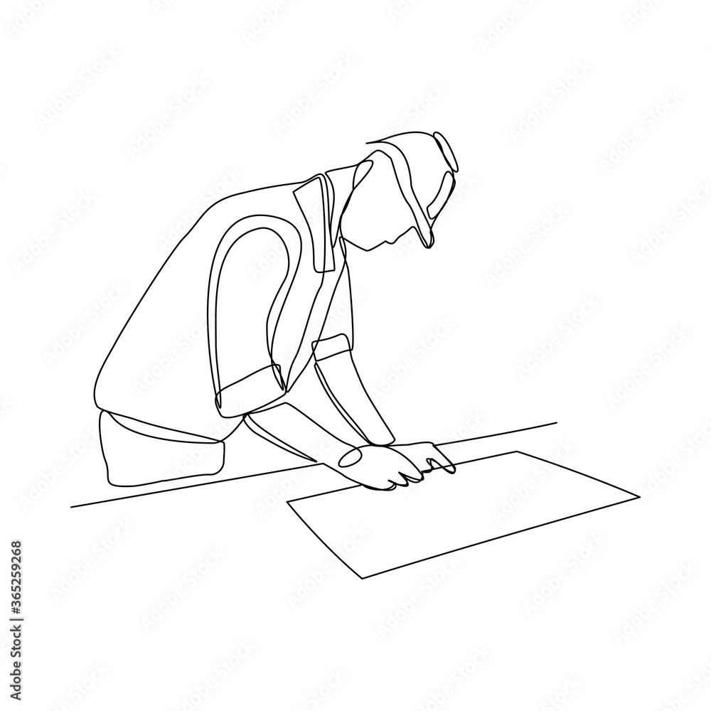 Continuous line drawing of architect wearing safety helmet and uniform drawing on blueprint to palnning bulding construction. Vector illustration
