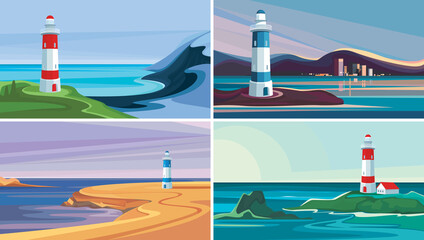 Wall Mural - Set of seascapes with lighthouse. Beautiful nature sceneries.