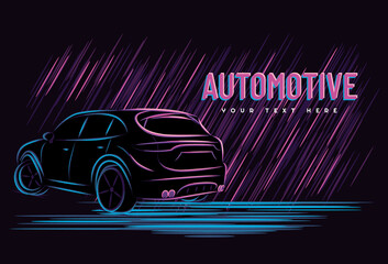 Illustration vector graphic of car automotive concept with line art neon sign style, Good for t shirt, banner, poster, landing page, flyer