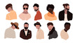 © madiwaso - Set of abstract man portraits isolated on white background. Modern young brutal man fashion minimal trendy people face in flat style. Vector hand drawn illustration