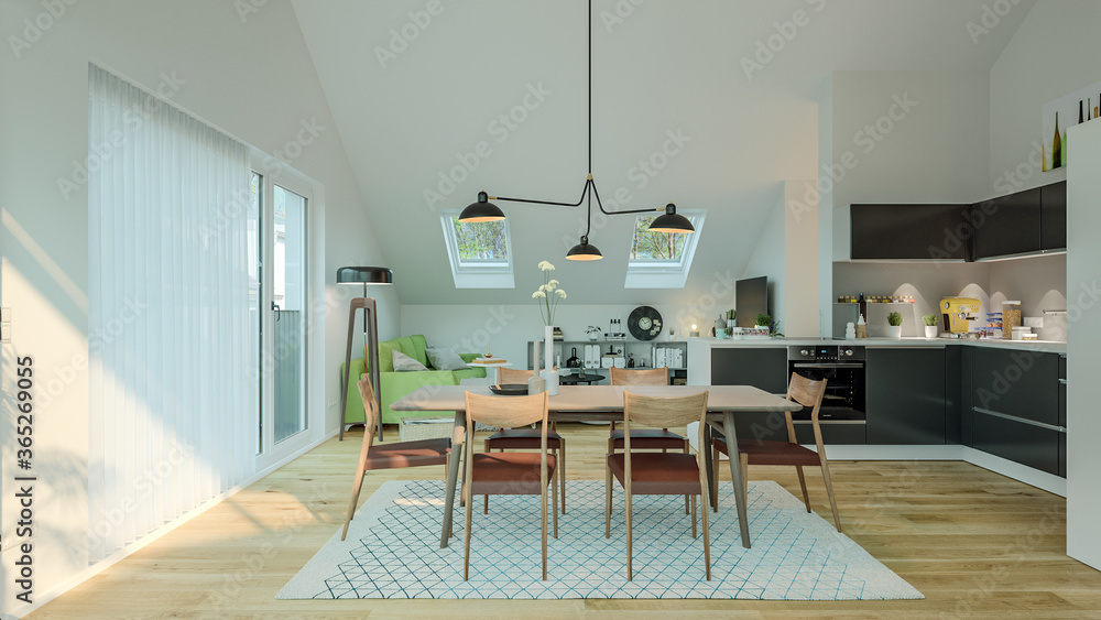 view inside modern luxury attic loft apartment with kitchen and sofa - 3d rendering - obrazy, fototapety, plakaty 