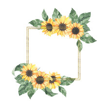 Watercolor Summer Golden Frame With Sunflowers Bouquet With Green Leaves Isolated. Floral Spring Autumn Geometric Frame Blossom Boho Illustration Wedding Invitation Save The Date Card