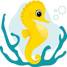 Cute Yellow Seahorse With Blue Corals, Vector Flat Illustration