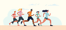 Diverse Group Of Runners In A Marathon With Men And Women Competing Running Together, Colored Vector Illustration