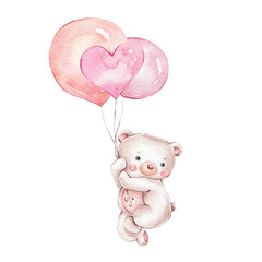 Cute cartoon white bear flying with pink balloons; watercolor hand draw illustration; can be used for baby shower or kid poster; with white isolated background