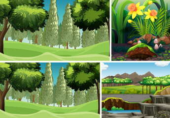 Wall Mural - Four different nature scene of forest and swamp cartoon style