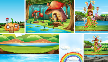 Canvas Print - Six different scene of fantasy world with fantasy places and fantasy characters