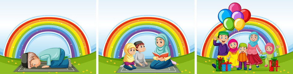 Set of arab muslim families in traditional clothing and rainbow background