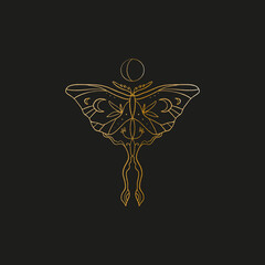 Sacred line geometric symbol with butterfly and moon phase, gold figure on black background. Abstract mystic geometry. Vector illustration.