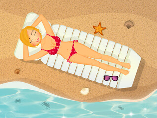 Poster - girl sunbathes lying on the beach lounger