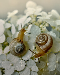 Two snails on white flowers close-up.