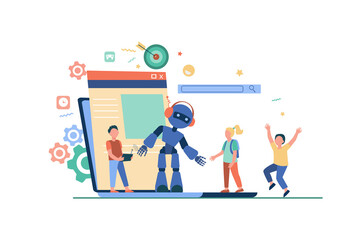 School activity and robotics class concept. Boy operating robot with remote control. Vector illustration for young engineer, education, robotic science for kids topics