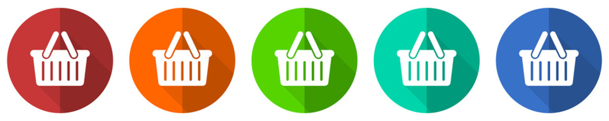 Leinwandbilder - Shopping basket icon set, red, blue, green and orange flat design web buttons isolated on white background, vector illustration