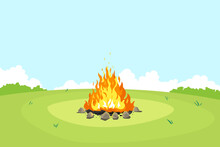 Campfire On Green Glade And Blue Sky In Summer Day, Place For Camping Nature Background, Campfire With Stones On Round Lawn, Perfect Spot To Pitch Tent