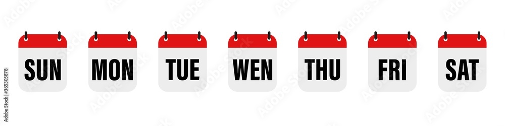 Calender , days of the week. Set every day a week . Vector icon. Flat, red and white calendar, icon set for the week. - obrazy, fototapety, plakaty 