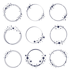 Round starry frames set. Stardust circles, circular borders with stars, planet shaped ornament elements in cosmic style. Can be used for birthday or anniversary concept, party invitation cards design