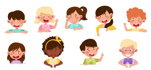 Wall Mural - Cute Boy and Girl Characters Sitting at Table or School Desk and Speaking Vector Illustrations Set