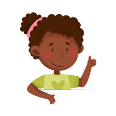 Cute African American Girl Sitting at Table or School Desk and Showing Gesture Vector Illustration