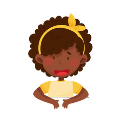 African American Little Girl Character with Open Mouth Sitting at Table or School Desk and Speaking Vector Illustration