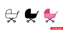 Baby Stroller Icon Of 3 Types. Isolated Vector Sign Symbol.