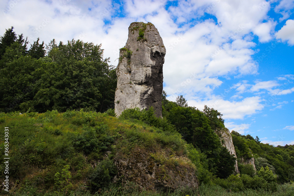 Monumental Rock Stone Limestone  Called Of Maczuga Herkulesa In The Ojcowski National Park In Poland - obrazy, fototapety, plakaty 
