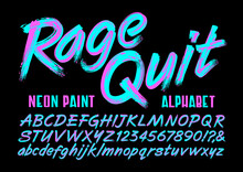 A Brightly Colored Painted Script Alphabet In Neon Magenta And Teal Hues. This Font Has An Edgy Vibe That Is Reminiscent Of 1980s Graphics.