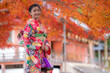 Beautiful Asian young woman in japanese kimono and red leaves in autumn season in Kyoto, Japan. Japan tourism, nature life, or landscape most visited tourist attractions concept.