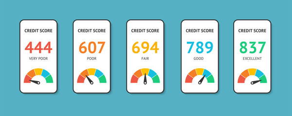 Smartphones with credit score app on the screen flat vector illustration isolated on white background. Financial information about the client from very poor to excellent