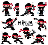 Fototapeta Dinusie - Vector illustration of Cartoon Ninja character set. fighting poses