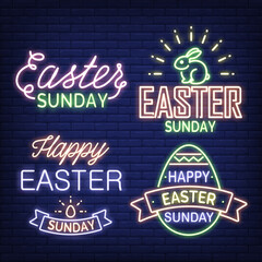 Wall Mural - Easter neon sign set. Egg, bunny, ribbon, calligraphy on brick wall background. illustration in neon style for topics like dinner, celebration, tradition