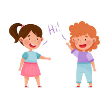 Friendly Kids Greeting Each Other Waving Hands And Laughing Vector Illustration