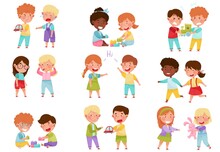 Friendly And Hostile Kids Playing Together Vector Illustrations Set