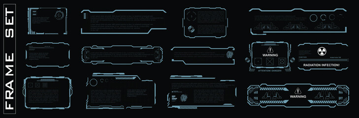 Wall Mural - Set of screen elements. HUD, GUI, UI The user interface for game application. Set of frames on black background for game dev. Futuristic user interface
